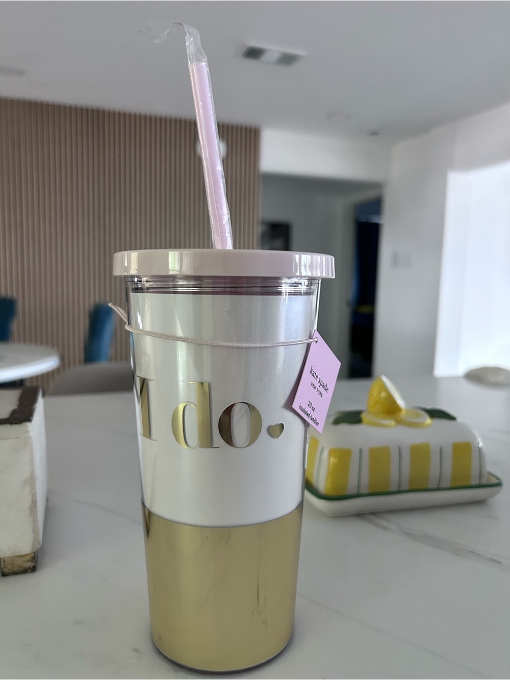 kate spade Pink and Gold "I Do" Travel Tumbler with Straw